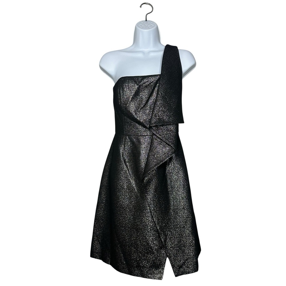 Halston Heritage One Shoulder Draped Metallic Mini Dress Black Silver NWT Size 0